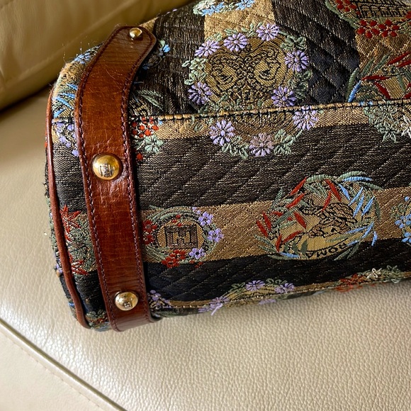 FENDI EUC TOBACCO PEQUIN STRIPES FABRIC AND LEATHER MAGIC SHOULDER BAG RARE FIND - Picture 8 of 17